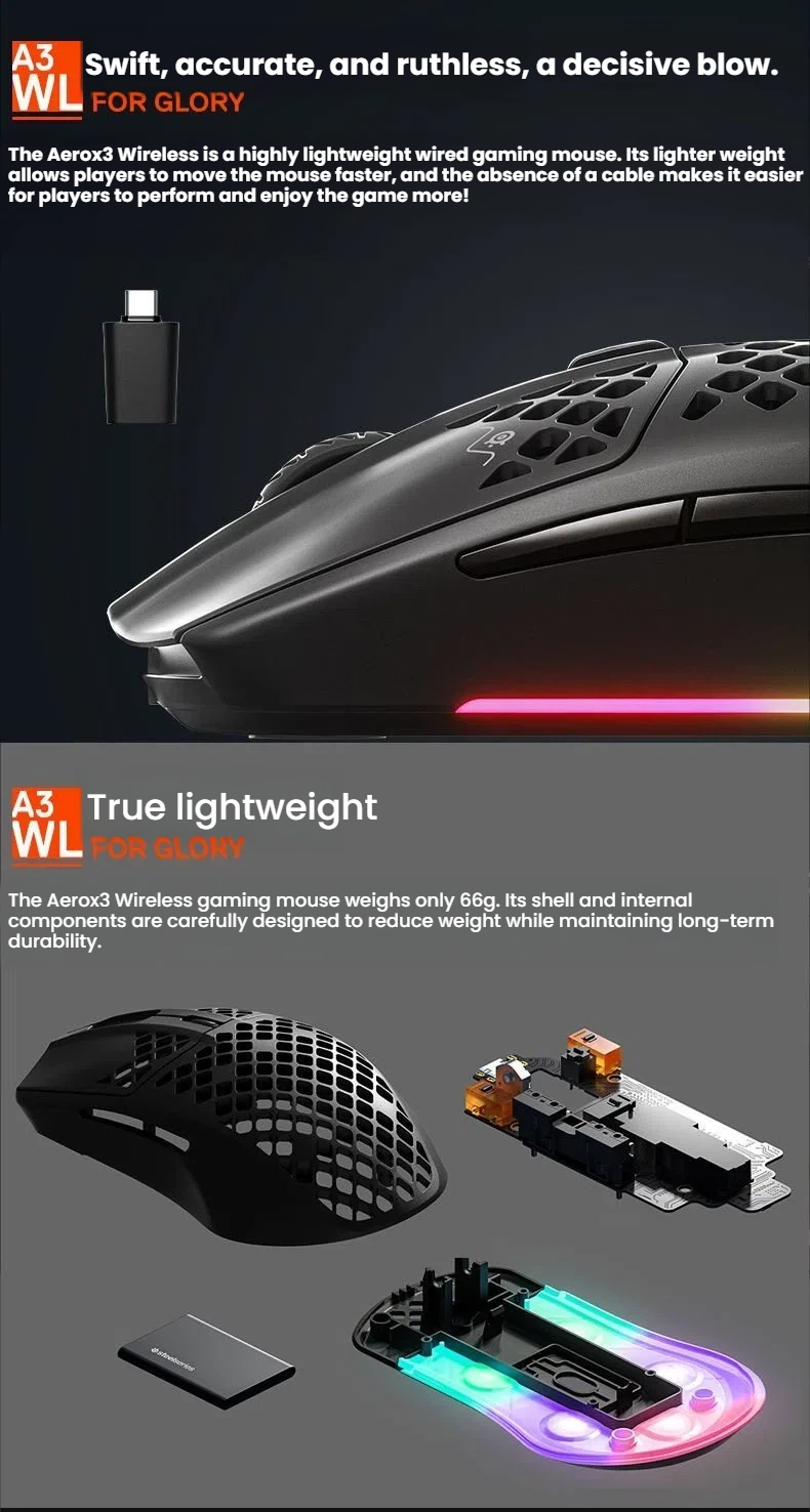 SteelSeries Aerox 3 Wireless underside showing TrueMove Air sensor and PTFE feet