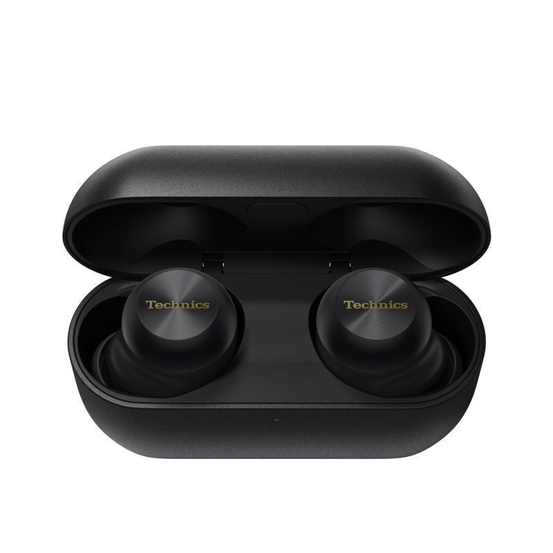 Technics AZ100 flagship true wireless ANC earbuds hero shot in black with case