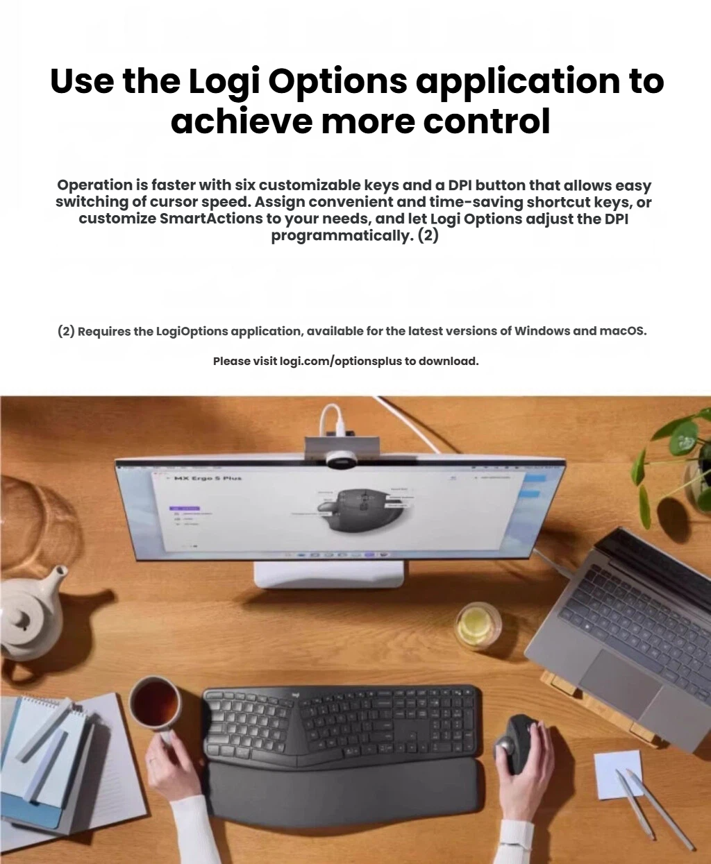 Logitech MX Ergo S shown with 20-degree tilt in handshake position