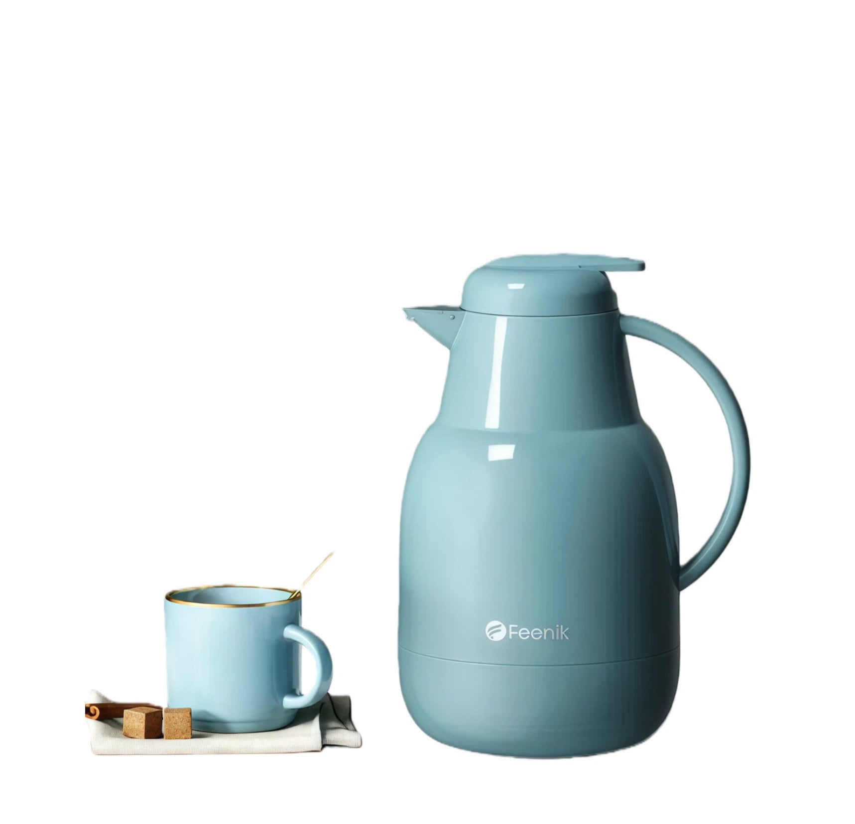 Blue Feenik large capacity glass insulated jug with matching cup, sugar cubes and cinnamon for home tea service