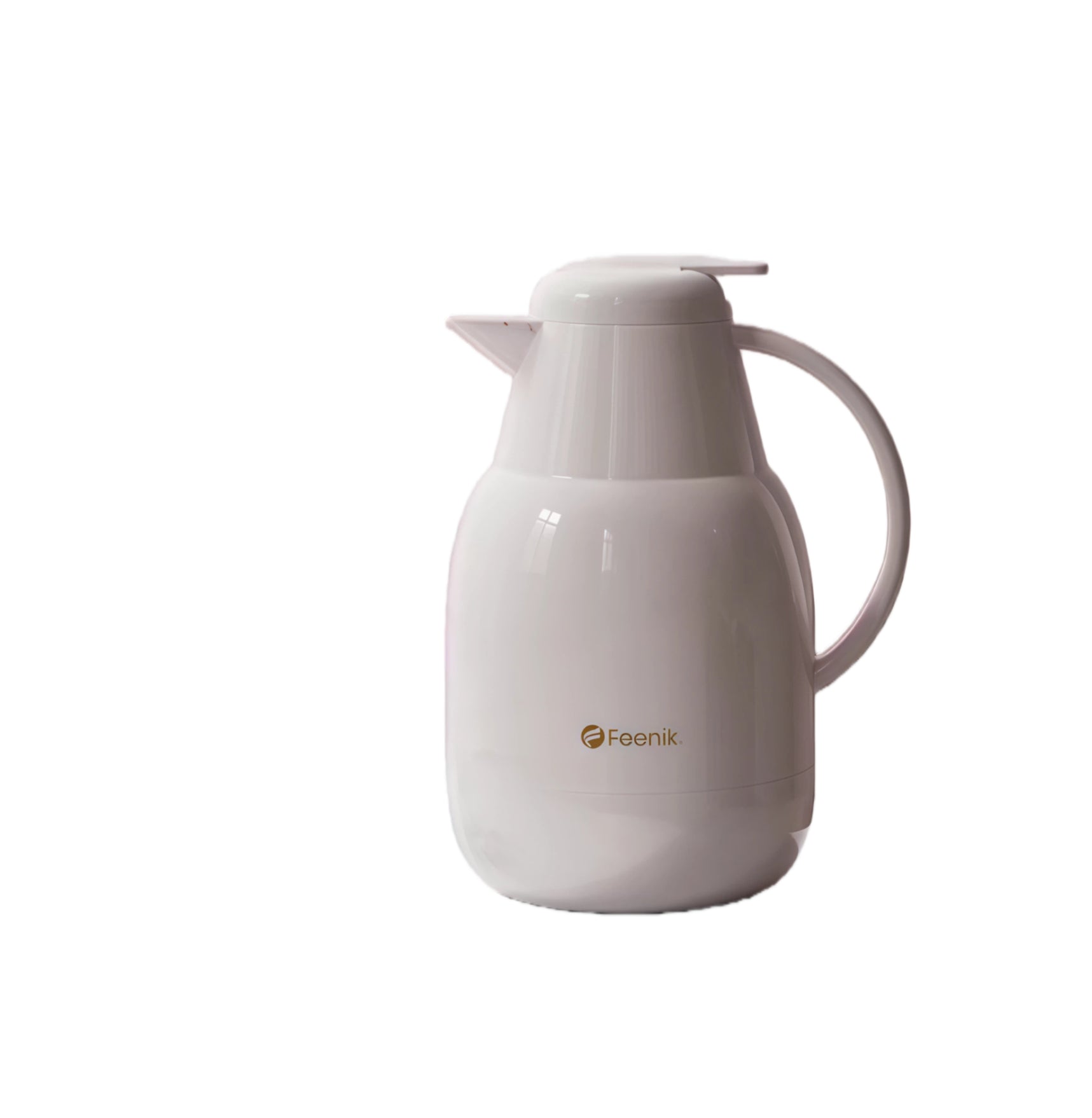 White Feenik glossy thermal coffee carafe with flip-top lid and ergonomic handle on plain background