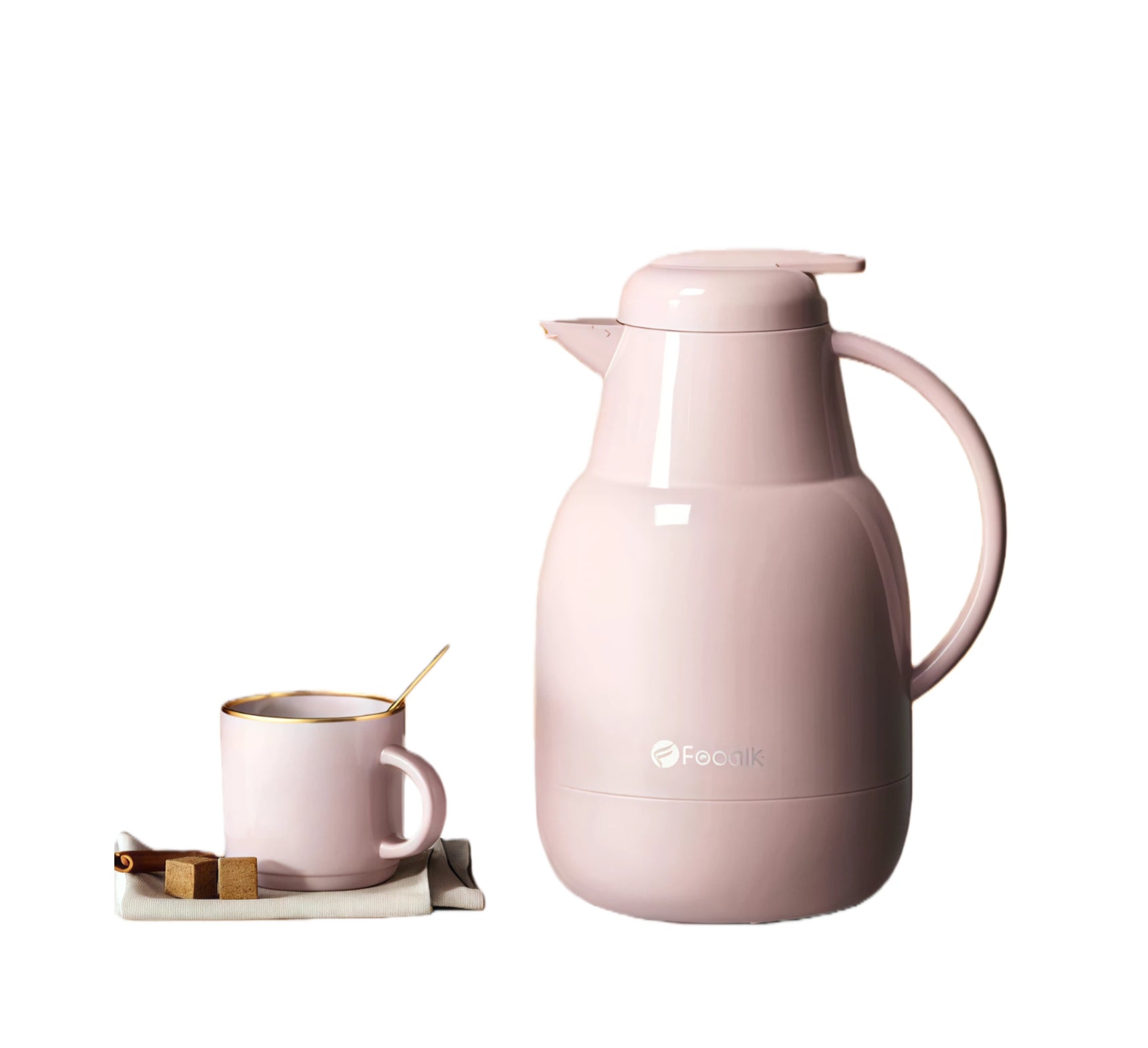 Pink Feenik glass insulated jug vacuum flask beside matching gold-rim mug and sugar cubes for tea and coffee