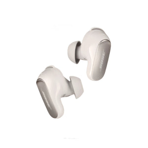 Bose QuietComfort Ultra Earbuds Gen 1 in white, pair shown floating with branded logo