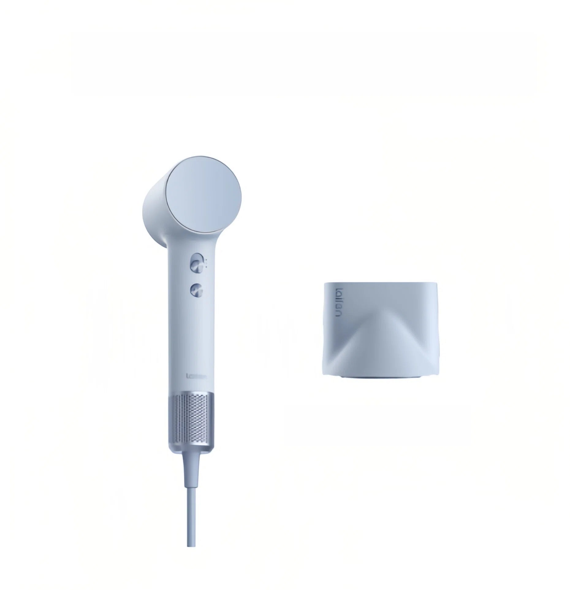 Laifen Mini high-speed hair dryer in light blue with matching magnetic nozzle, compact travel-friendly styling tool