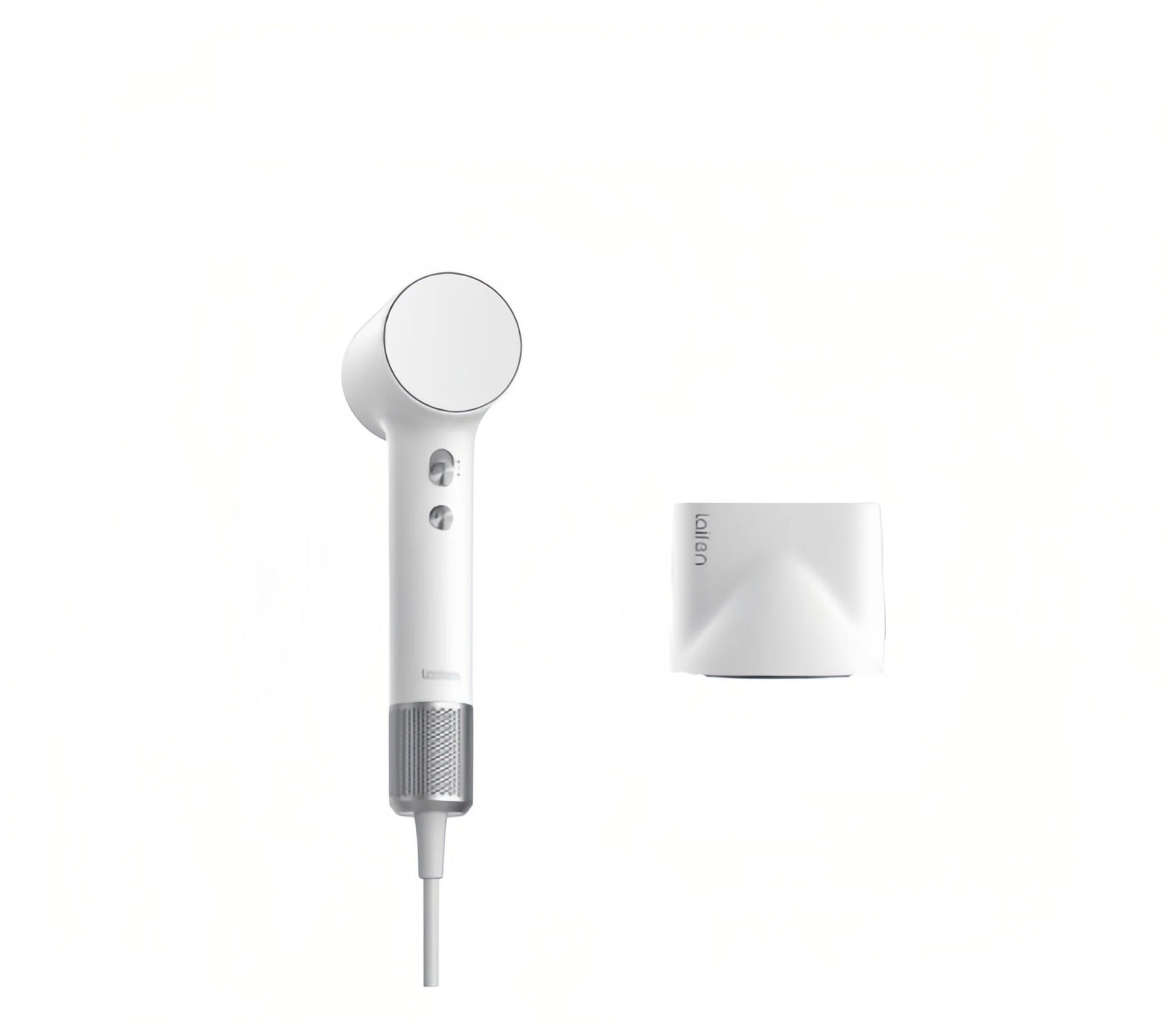 Laifen Mini high-speed hair dryer in white with magnetic concentrator nozzle attachment shown alongside