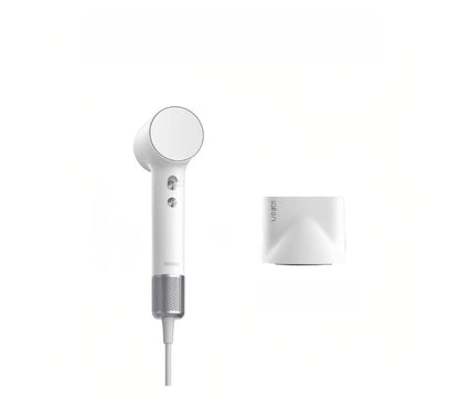 Laifen Mini high-speed hair dryer in white with magnetic concentrator nozzle attachment shown alongside