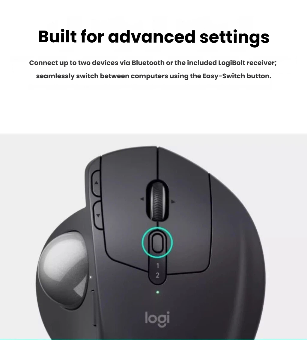 Logitech MX Ergo S top view showing button layout and precision scroll wheel