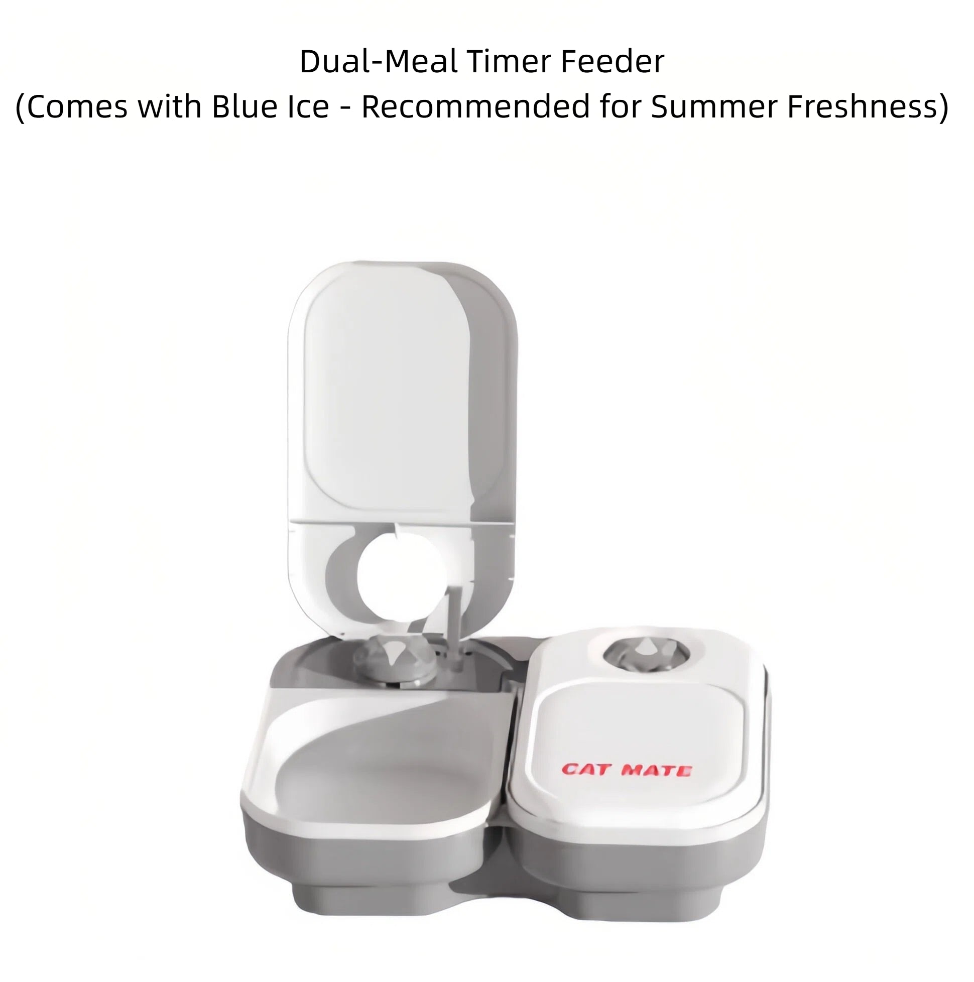 Cat Mate dual-meal automatic pet feeder with timer in white, open lid and twin food compartments