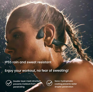 Woman wearing Shokz OpenRun Pro open-ear headphones in rain showing IP55 sweat and water resistance