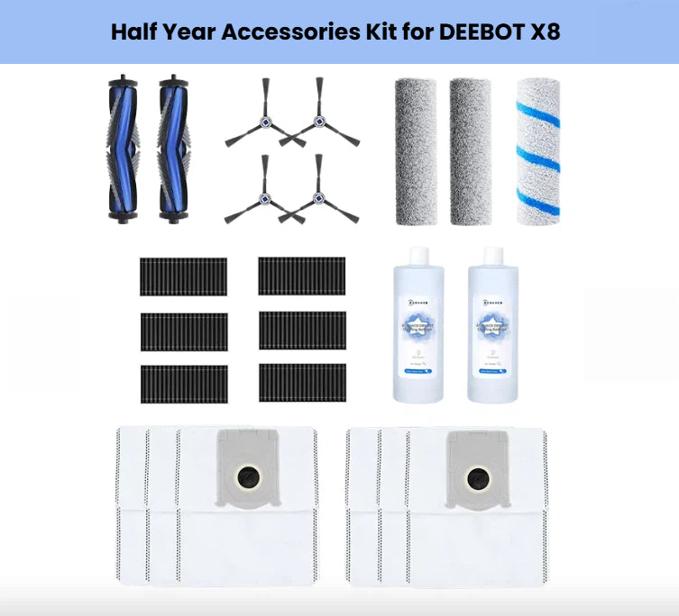 ECOVACS DEEBOT X8 half-year robot vacuum accessories kit with brushes, filters, mop rollers, cleaning solution and dust bags