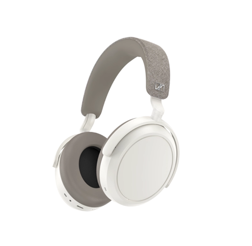 Sennheiser Momentum 4 wireless over-ear ANC headphones in white with grey fabric headband at three-quarter angle