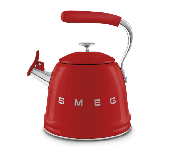 Smeg 50's Retro stovetop whistling kettle in vibrant red with chrome handle and whistling spout