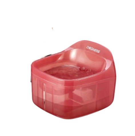 Dogness smart pet drinking fountain in translucent pink with visible filter chamber and water flow