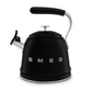 Smeg 50's Retro stovetop whistling kettle in glossy black with chrome handle and embossed logo