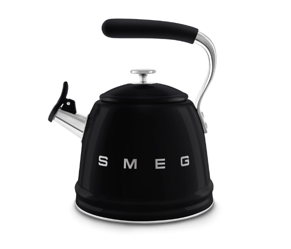Smeg 50's Retro stovetop whistling kettle in glossy black with chrome handle and embossed logo