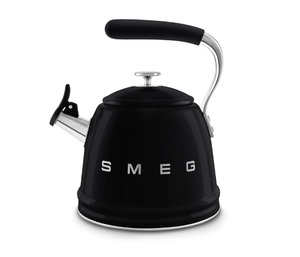 Smeg 50's Retro stovetop whistling kettle in glossy black with chrome handle and embossed logo