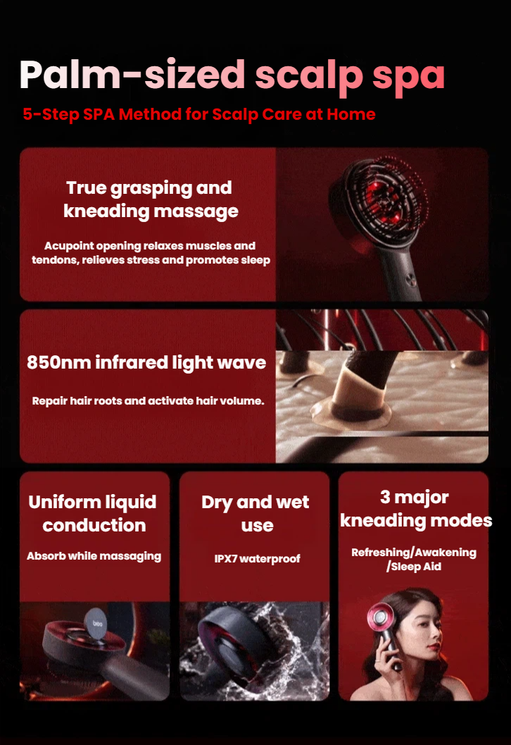 Breo S3 scalp massager in red, front and bristle massage head views