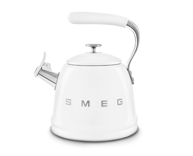 Smeg 50's Retro stovetop whistling kettle in white with chrome trim and lever-action spout