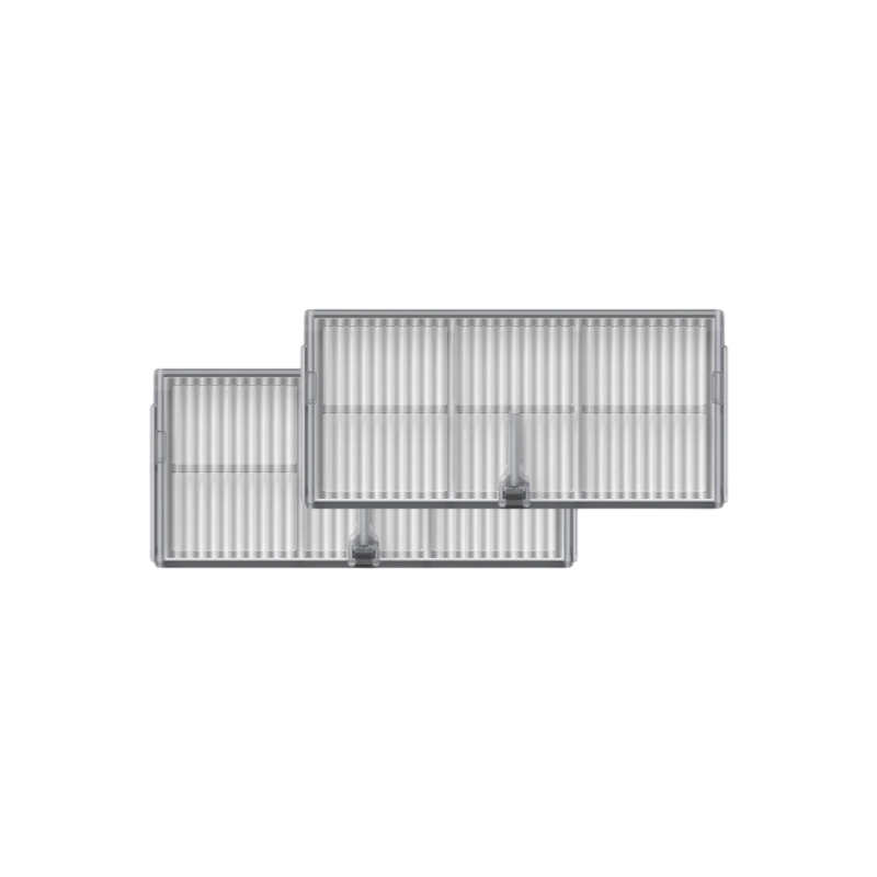 Two MOVA rectangular dust box filters with pleated panels and grey frames