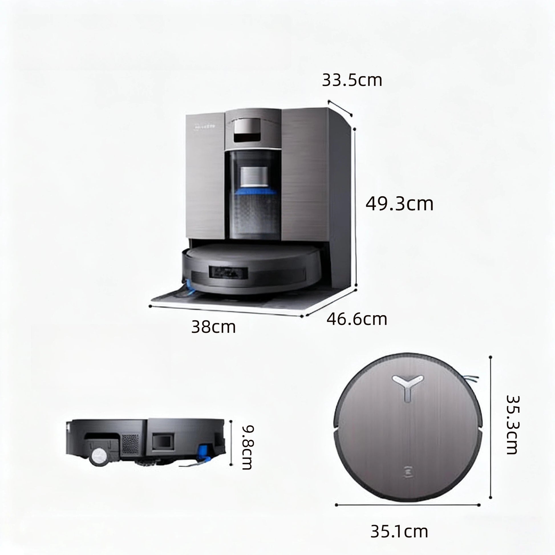 Ecovacs Deebot X11 dimensions: dock 33.5x38x49.3cm, robot 35.1x35.3x9.8cm with top-down view