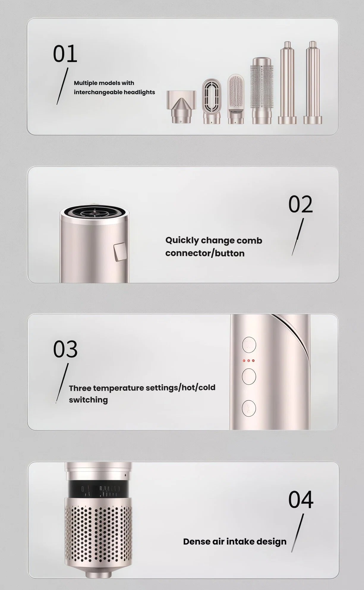 Feature diagram of 6-in-1 Ultra Styler highlighting: multiple interchangeable styling heads, quick comb connector, three temperature settings with hot/cold switch, and dense air intake design for powerful airflow.