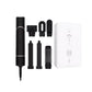 Black 6-in-1 Ultra Styler hair tool shown with full set of attachments including concentrator, diffuser, brush, curling rod, and straightener. Ideal for fast, professional-looking hairstyles.