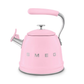 Smeg 50's Retro stovetop whistling kettle in pastel pink with chrome accents and embossed Smeg logo