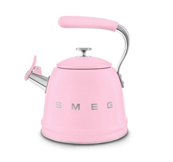 Smeg 50's Retro stovetop whistling kettle in pastel pink with chrome accents and embossed Smeg logo