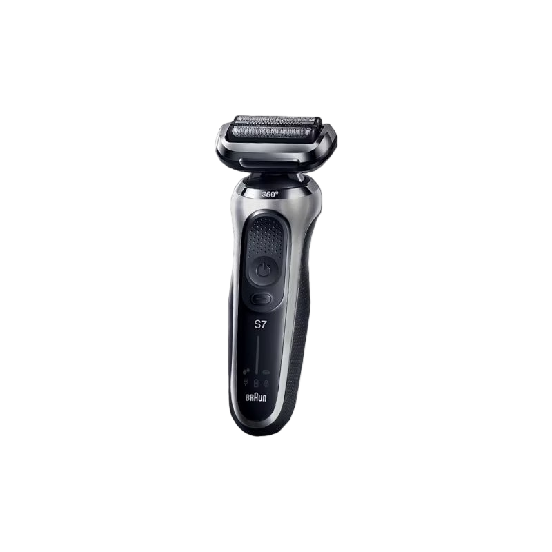 Braun Series 7 71-B1000s wet and dry electric shaver in silver and black, front view