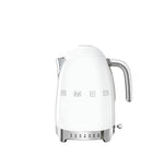 Smeg KLF04 50's Style 1.7L kettle in glossy white with embossed logo and seven-step temperature selector
