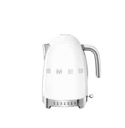 Smeg KLF04 50's Style 1.7L kettle in glossy white with embossed logo and seven-step temperature selector
