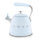 Smeg 50's Retro stovetop whistling kettle in pastel blue with chrome trim, dome lid and looped handle