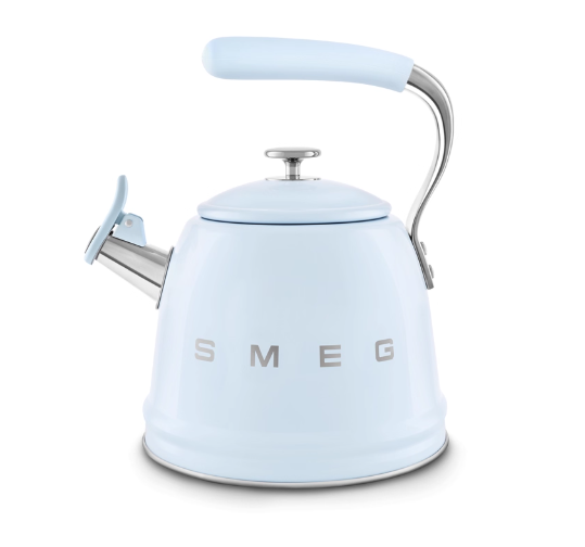 Smeg 50's Retro stovetop whistling kettle in pastel blue with chrome trim, dome lid and looped handle