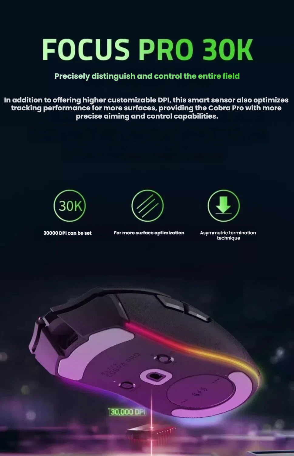 Razer Cobra Pro Focus Pro 30K optical sensor underside view with PTFE mouse feet