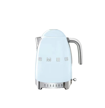 Smeg KLF04 50's Style 1.7L variable temperature kettle in pastel blue with chrome base and trim