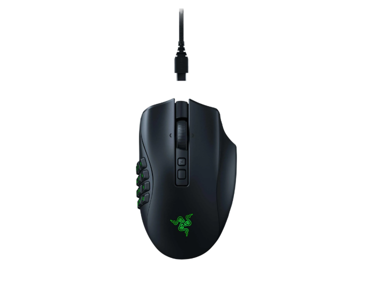 Razer Naga V2 Pro Wireless MMO gaming mouse with default 12-button magnetic side plate