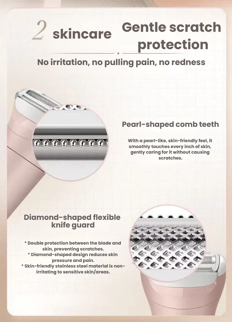 Philips Lady Shaver 6000 pearl-shaped comb teeth and diamond-shaped skin guard