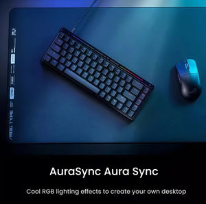 ASUS ROG Falchion Ace gaming keyboard placed on a ROG mousepad with matching RGB lighting effects. Paired with a ROG gaming mouse, showcasing seamless Aura Sync integration for a cohesive desktop aesthetic.
