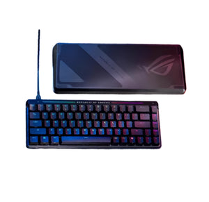 Front view of the ASUS ROG Falchion Ace HFX gaming keyboard in compact 60% layout with vibrant RGB backlighting. Shown with its sleek protective case featuring the ROG logo and Republic of Gamers branding.