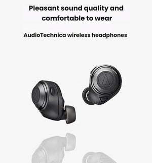 Audio-Technica ATH-CKS50TW2 wireless earbuds displayed with reflection effect, emphasizing comfortable fit and rich audio performance