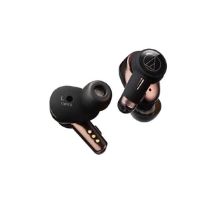 Left Audio-Technica ATH-TWX9 earbud showing model label "TWX9" and touch-sensitive control panel — designed for intuitive music and call management.
