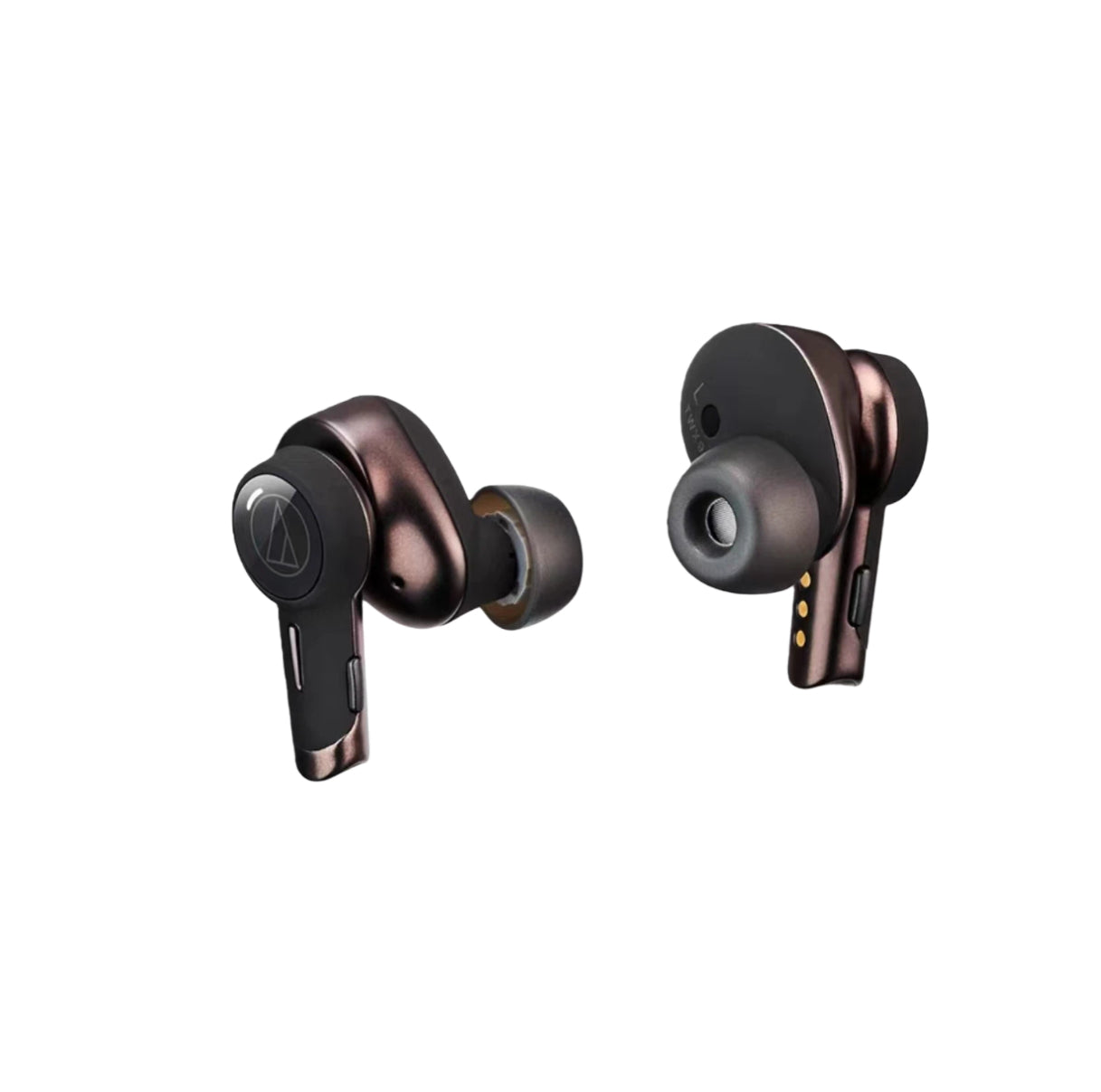 Front and back view of Audio-Technica ATH-TWX9 earbuds showcasing rose gold metallic finish, ergonomic fit, and built-in microphone for clear calls.
