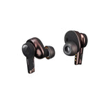 Front and back view of Audio-Technica ATH-TWX9 earbuds showcasing rose gold metallic finish, ergonomic fit, and built-in microphone for clear calls.