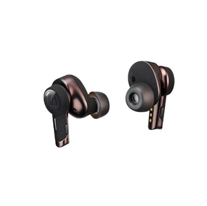 Front and back view of Audio-Technica ATH-TWX9 earbuds showcasing rose gold metallic finish, ergonomic fit, and built-in microphone for clear calls.