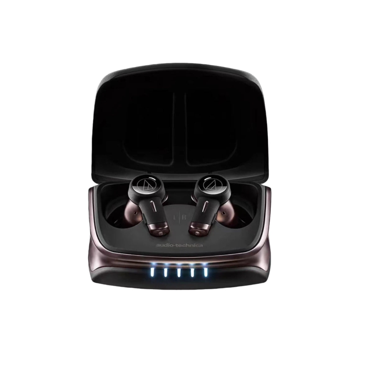 Audio-Technica ATH-TWX9 earbuds neatly stored inside the charging case with visible LED battery level indicator — ideal for on-the-go listening.