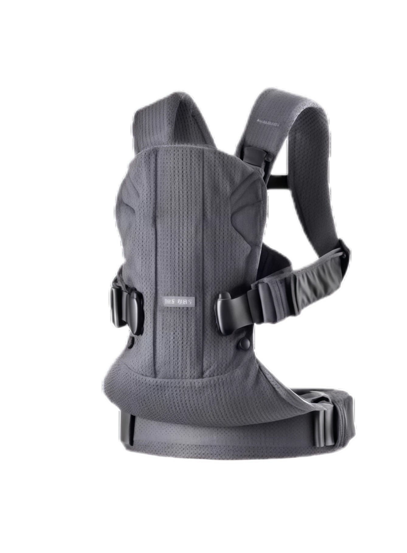 Dark grey BabyBjörn Carrier One Cotton baby carrier front view showcasing durable cotton construction, padded back support, and easy-adjust buckles for parents.
