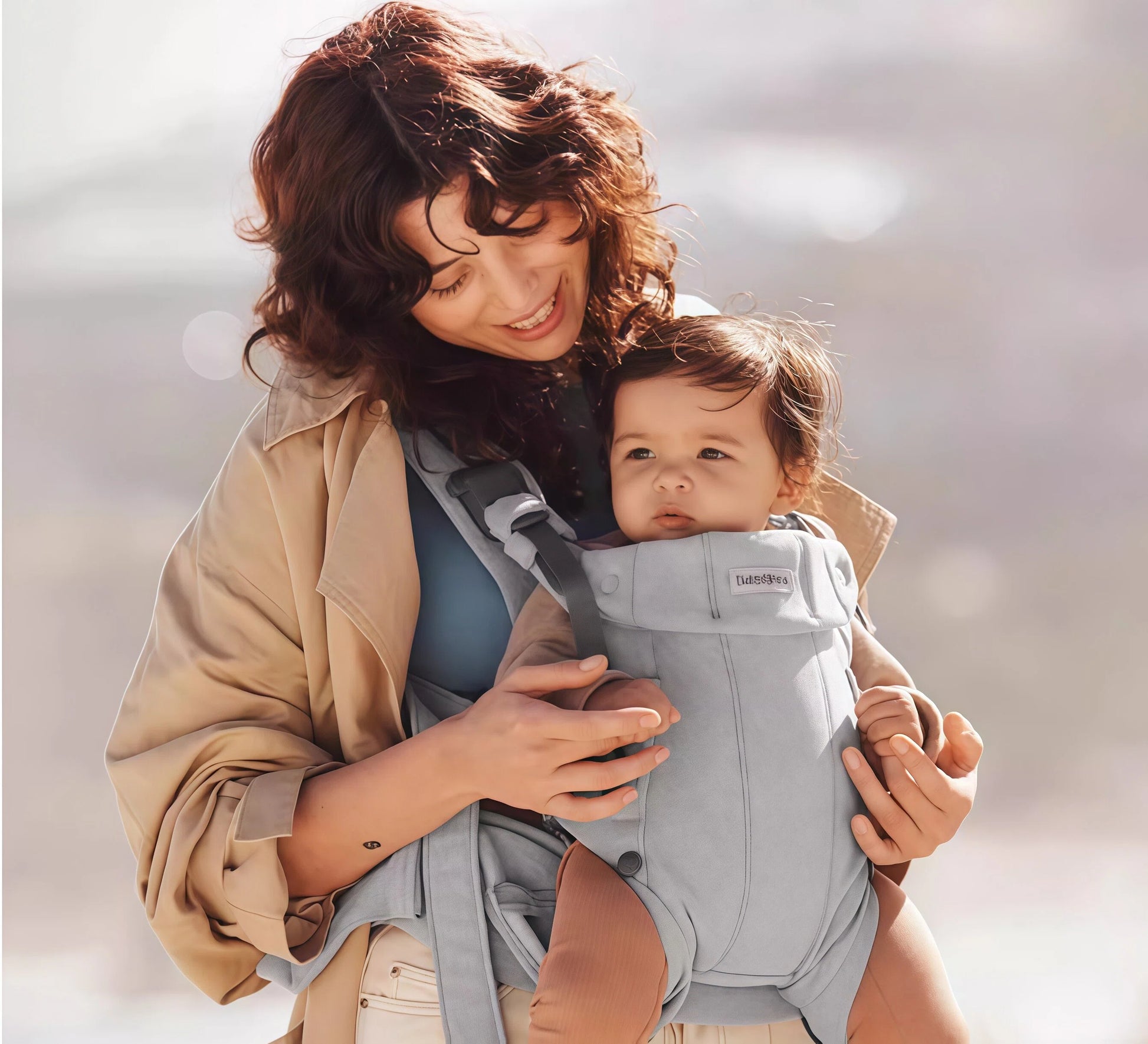 Mother carrying baby in BabyBjörn Carrier One Cotton outdoors – lightweight cotton carrier allows hands-free movement, bonding, and comfort during daily activities.