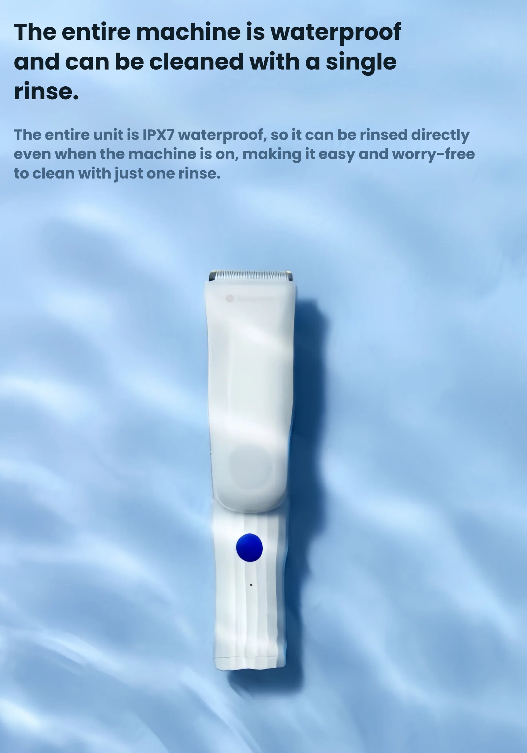 Babycare baby hair clipper floating on water surface, showcasing full-body IPX7 waterproof design that allows rinsing while powered on