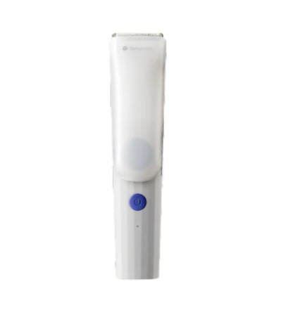 Front view of Babycare baby hair clipper in white with blue power button, featuring sleek design and built-in hair suction system for clean trimming