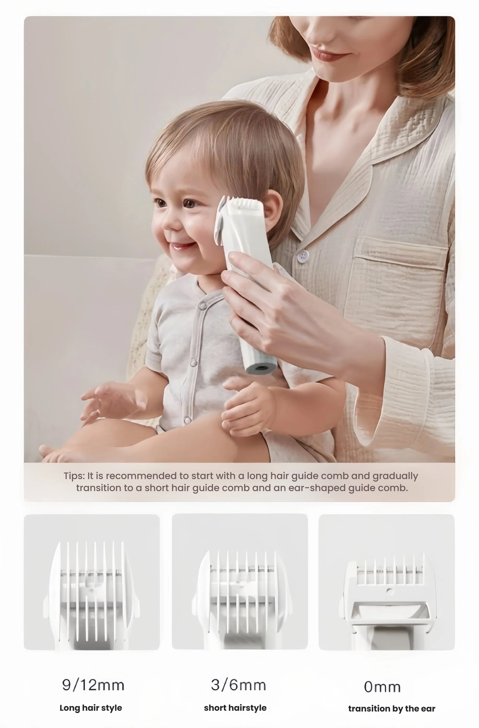 Mother using Babycare baby hair clipper to trim toddler’s hair; shown with guide combs for 9/12mm long style, 3/6mm short style, and 0mm ear transition